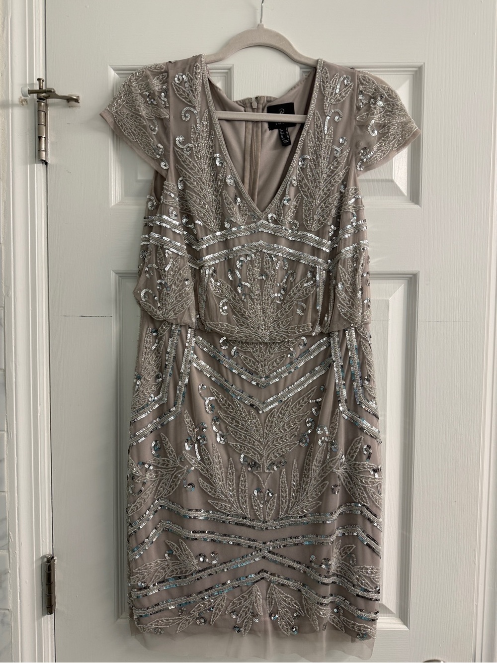 Adrianna Papell Taupe Beaded V-Neck Mini Dress